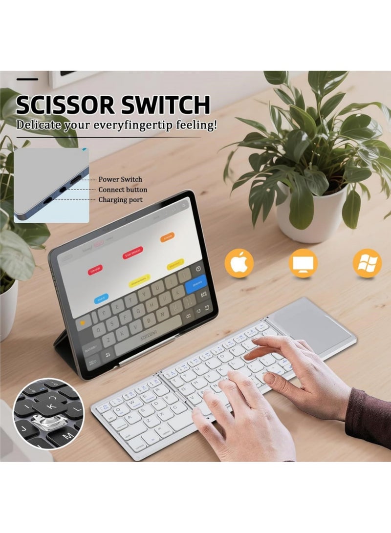 Aookay Arabic & English Foldable Bluetooth Keyboard with Touchpad, Rechargeable Wireless Portable Keyboard, Dual-Mode Bluetooth/USB Wired Pocket-Sized Travel Keyboard for i-O-S, Android, Windows, Mac OS (Moonlight Silver) - Image 3