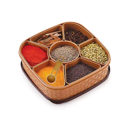 Suzec Masala Rangoli Box Dabba for Keeping Spices | Spice Box for Kitchen | Plastic Wooden Style Masala Box | Masala Container | Masala Dabba (Brown, Grey, Cream & Beige) - Image 2