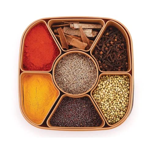 Suzec Masala Rangoli Box Dabba for Keeping Spices | Spice Box for Kitchen | Plastic Wooden Style Masala Box | Masala Container | Masala Dabba (Brown, Grey, Cream & Beige) - Image 1