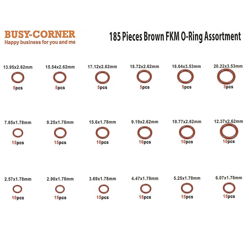 BUSY-CORNER 185 Pieces FKM Brown O-Ring Kit,75A Durometer,18 Kind AS-568 Standard Sizes,ID 2.57mm-20.22mm Thickness 1.78mm 2.62mm 3.53mm - Image 2