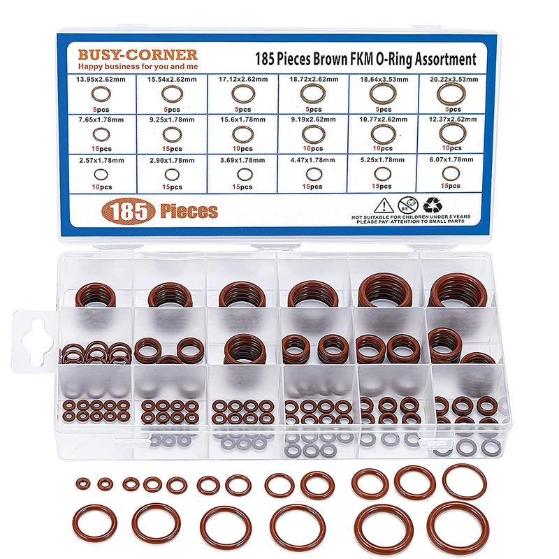 BUSY-CORNER 185 Pieces FKM Brown O-Ring Kit,75A Durometer,18 Kind AS-568 Standard Sizes,ID 2.57mm-20.22mm Thickness 1.78mm 2.62mm 3.53mm - Image 1