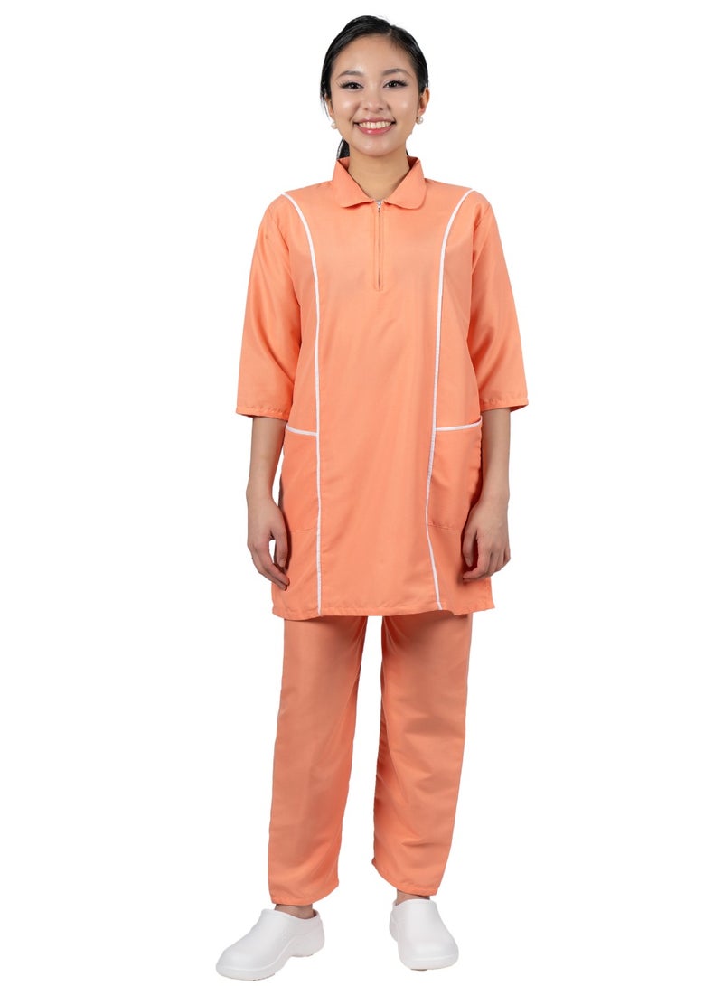 Professional Housemaid/Khadama/Nanny Uniform Set, 3/4 Sleeve Tunic with White Piping,with Matching Trousers