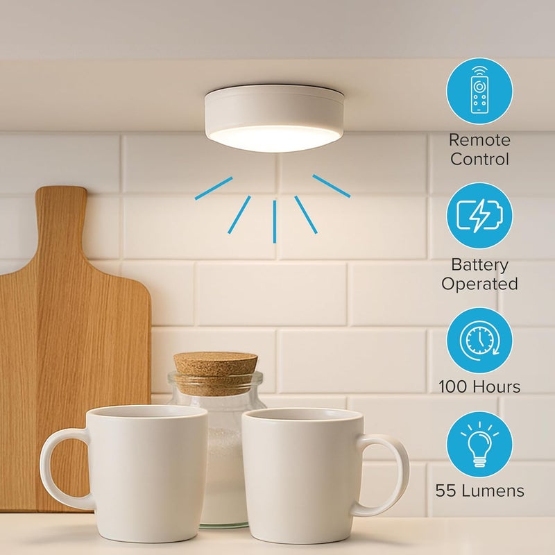Brilliant Evolution Wireless LED Puck Light 3 Pack - Works with Remote Control - Under Cabinet, Closet Light - Battery Powered - Under Counter Lighting - Stick On Lights - Image 4