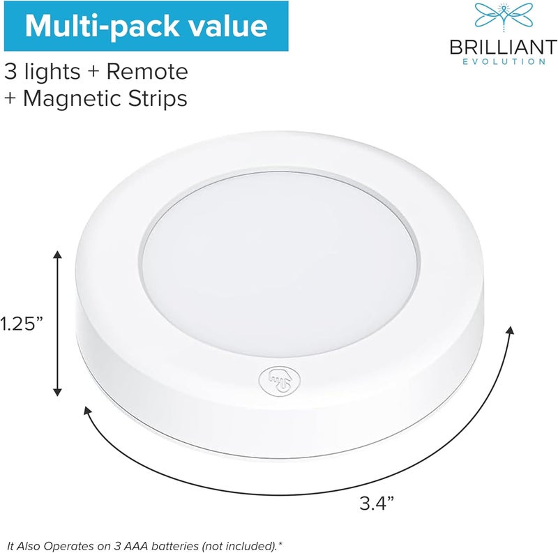 Brilliant Evolution Wireless LED Puck Light 3 Pack - Works with Remote Control - Under Cabinet, Closet Light - Battery Powered - Under Counter Lighting - Stick On Lights - Image 3