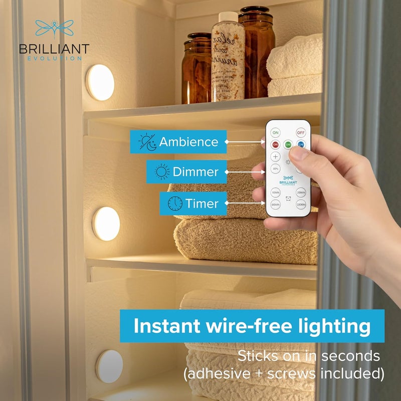 Brilliant Evolution Wireless LED Puck Light 3 Pack - Works with Remote Control - Under Cabinet, Closet Light - Battery Powered - Under Counter Lighting - Stick On Lights - Image 2