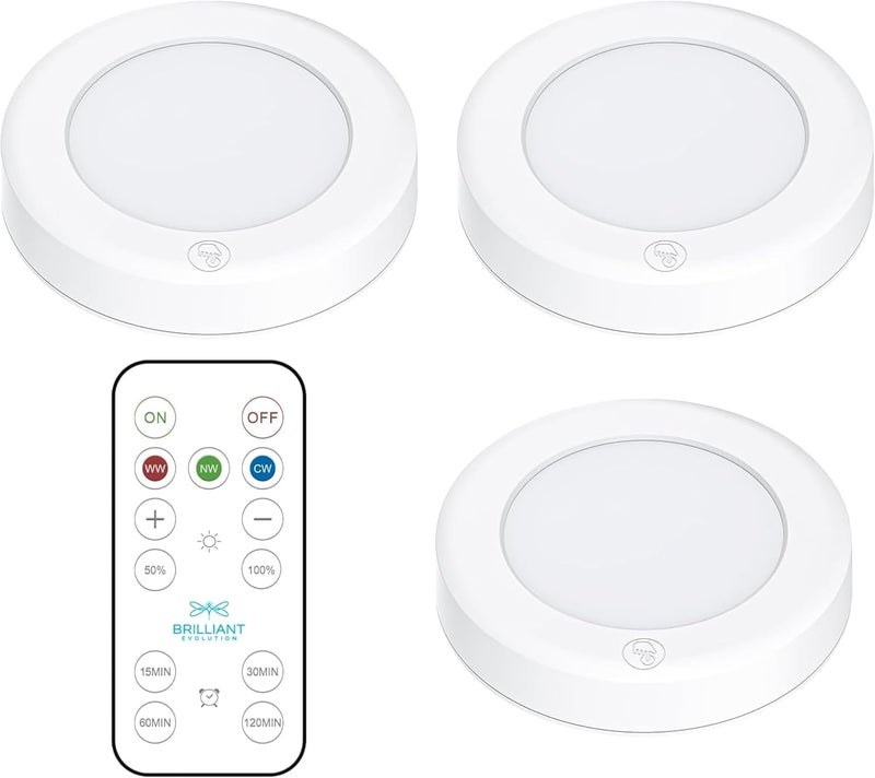 Brilliant Evolution Wireless LED Puck Light 3 Pack - Works with Remote Control - Under Cabinet, Closet Light - Battery Powered - Under Counter Lighting - Stick On Lights - Image 1
