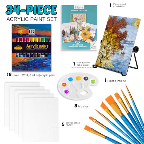 Inburit Art Paint Set for Kids, Painting Supplies Kit with 5 Canvas Panels, 8 Brushes, 18 Acrylic Paints, Multi-Function Table Easel, Etc, Premium Acrylic Paint Set for Students, Kids and Beginner. - Image 2