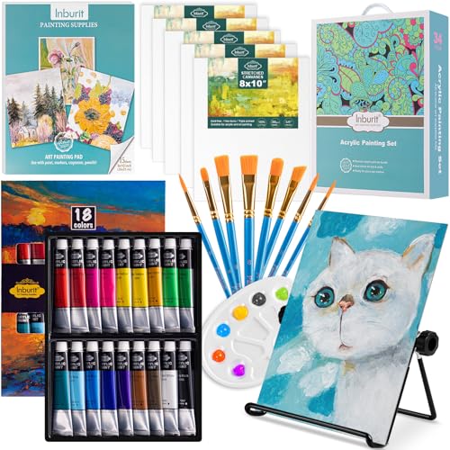 Inburit Art Paint Set for Kids, Painting Supplies Kit with 5 Canvas Panels, 8 Brushes, 18 Acrylic Paints, Multi-Function Table Easel, Etc, Premium Acrylic Paint Set for Students, Kids and Beginner. - Image 1