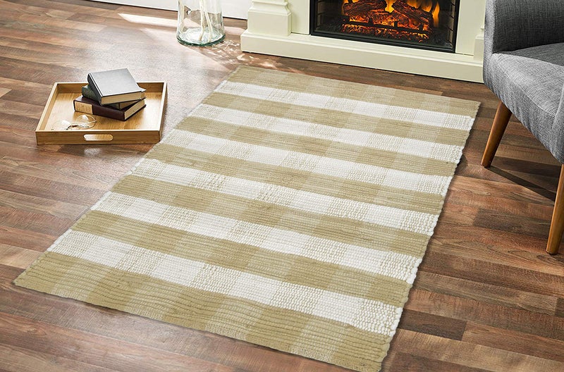 GLAMBURG Cotton Buffalo Check Plaid Rugs Washable  Handwoven Checkered Rug Welcome Door Mat 22x34 Rug for Kitchen Bathroom Outdoor Porch Laundry Living Room  Farmhouse Reversible Rag Rug Beige Natural - Image 2