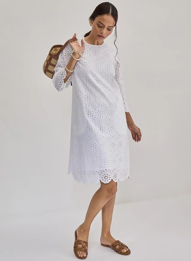 Femmella  Femmella White Cotton Schiffli Knee Length Dress for Women | Best Price UAE