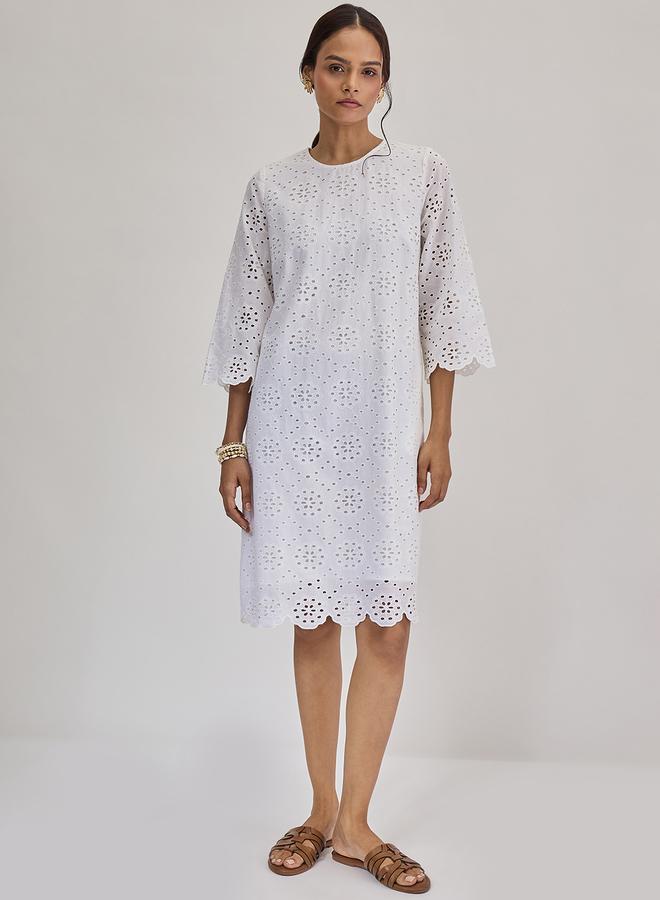 Femmella White Cotton Schiffli Knee Length Dress - Image 1