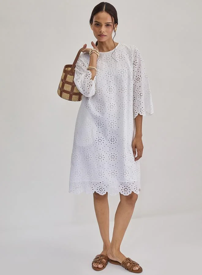 Femmella  Femmella White Cotton Schiffli Knee Length Dress for Women | Best Price UAE