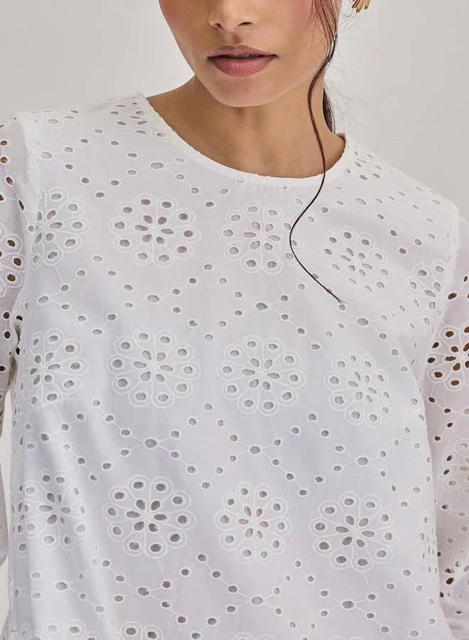 Femmella  Femmella White Cotton Schiffli Knee Length Dress for Women | Best Price UAE