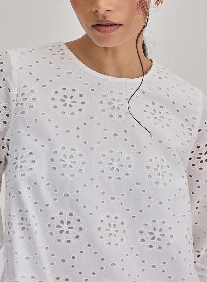Femmella White Cotton Schiffli Knee Length Dress - Image 4