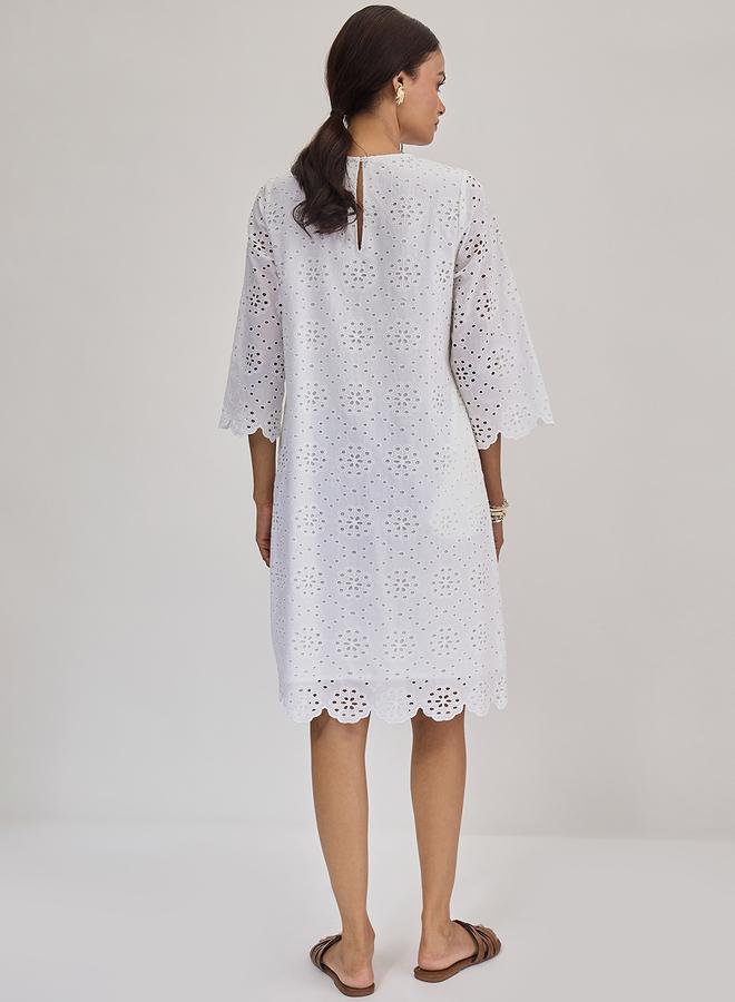 Femmella White Cotton Schiffli Knee Length Dress - Image 2
