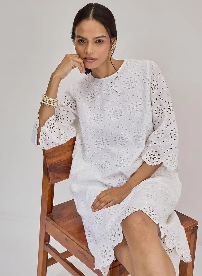 Femmella  Femmella White Cotton Schiffli Knee Length Dress for Women | Best Price UAE