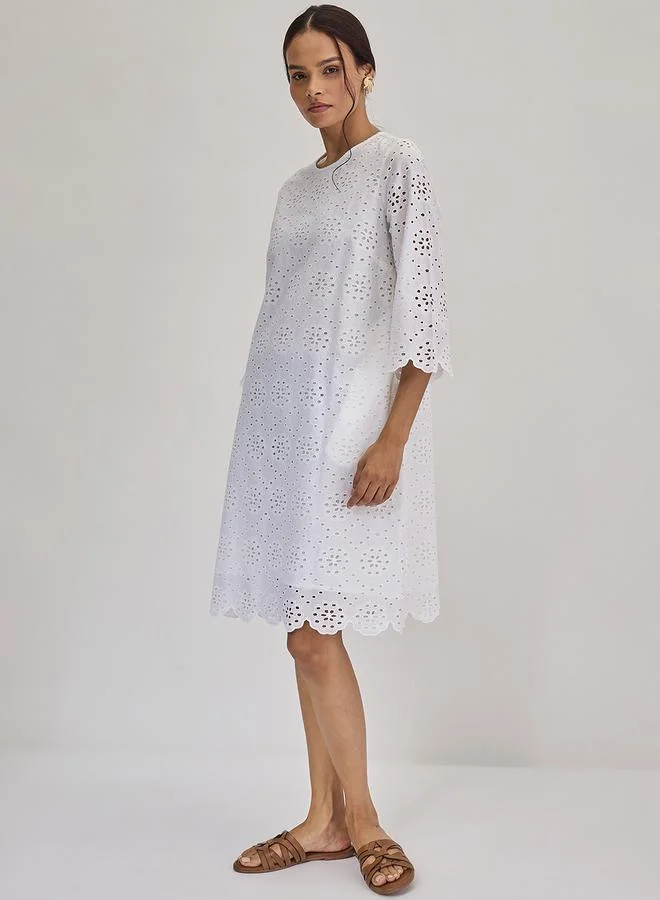 Femmella  Femmella White Cotton Schiffli Knee Length Dress for Women | Best Price UAE