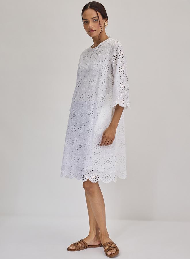 Femmella White Cotton Schiffli Knee Length Dress - Image 3