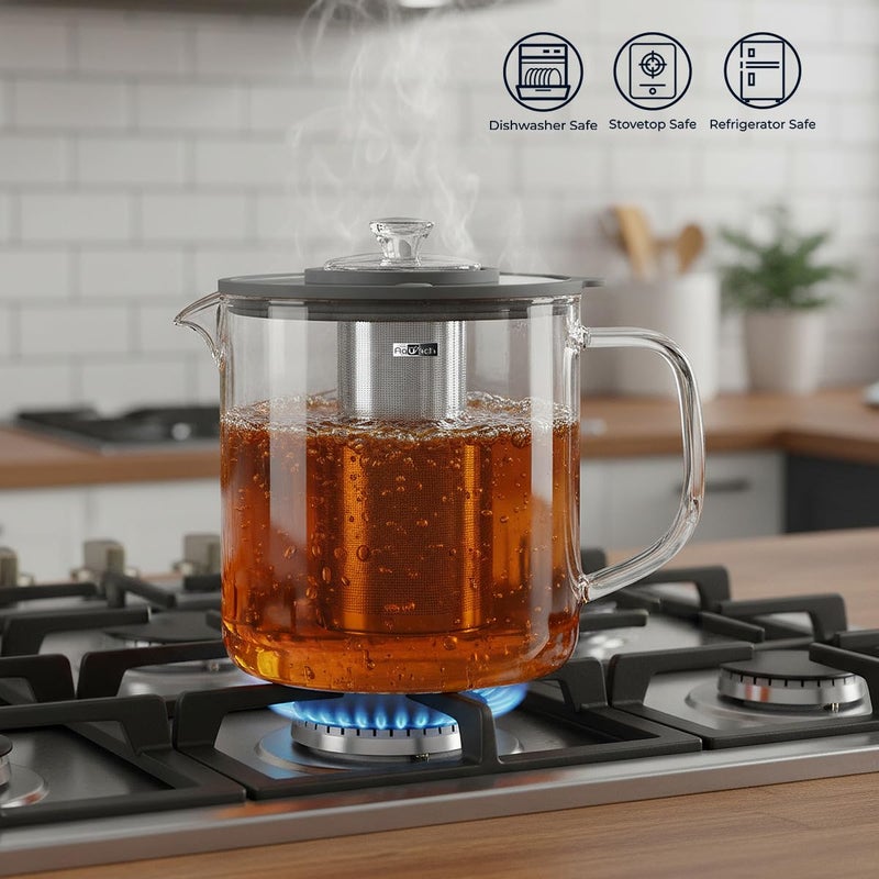 Aquach 68oz Glass Teapot with Infuser - Stovetop & Dishwasher Safe, Plastic-Free Borosilicate Glass Tea Kettle for Loose Leaf & Iced Tea - Image 2