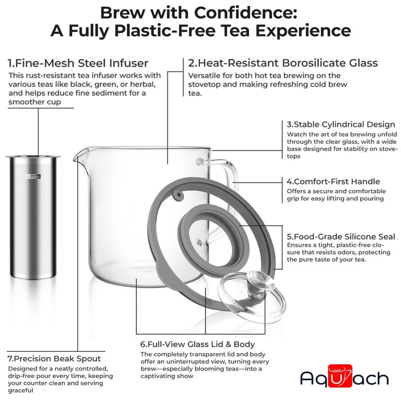 Aquach 68oz Glass Teapot with Infuser - Stovetop & Dishwasher Safe, Plastic-Free Borosilicate Glass Tea Kettle for Loose Leaf & Iced Tea - Image 5