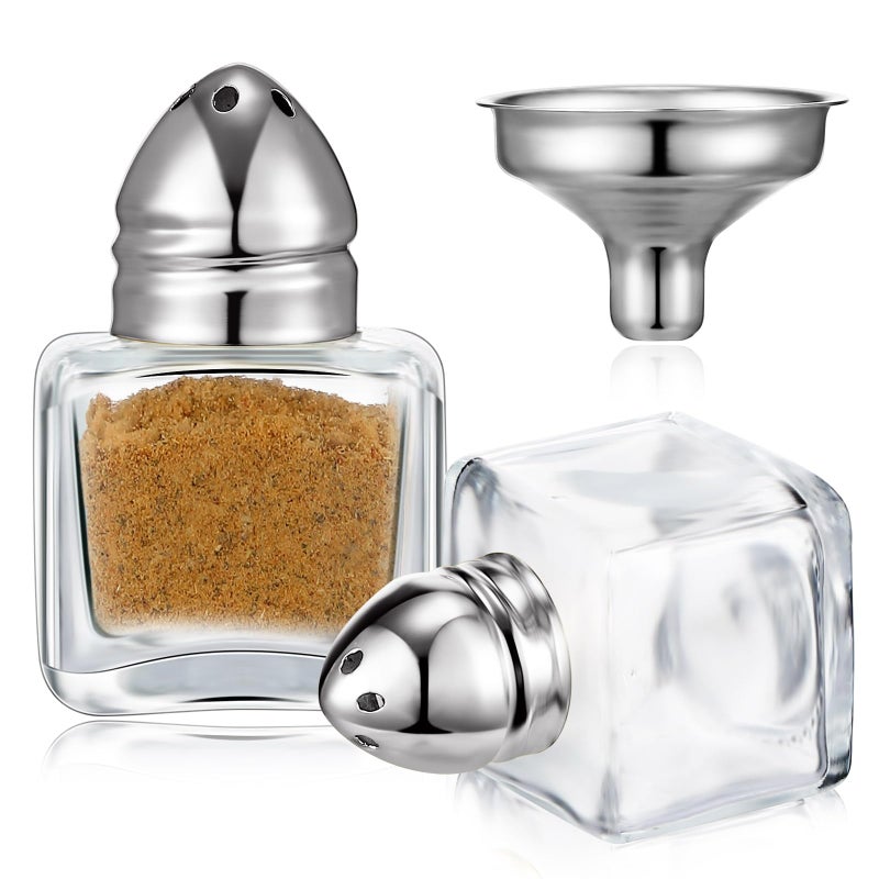 Uiifan 2 Pcs 05 oz Cube Shape Small Salt and Pepper Shakers with Tone Tops Clear Mini Glass Seasoning Jars Spice Salt Shakers with Funnel for Wedding Party Restaurant Home Kitchen Silver