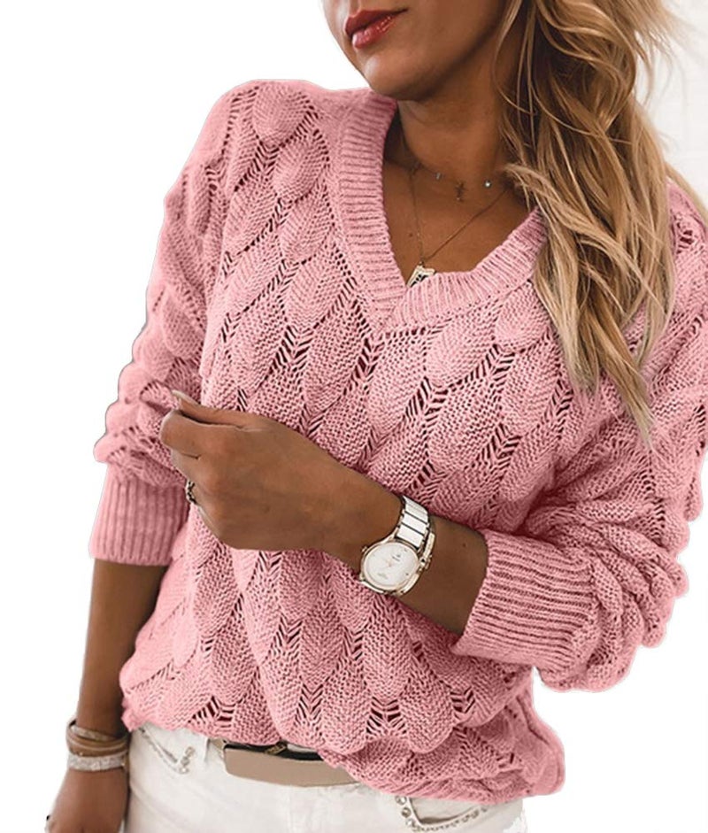 Langwyqu Women's V Neck Long Sleeve Pullover Sweater Lightweight Knit Sweaters Novelty Sweaters Pink - Image 1
