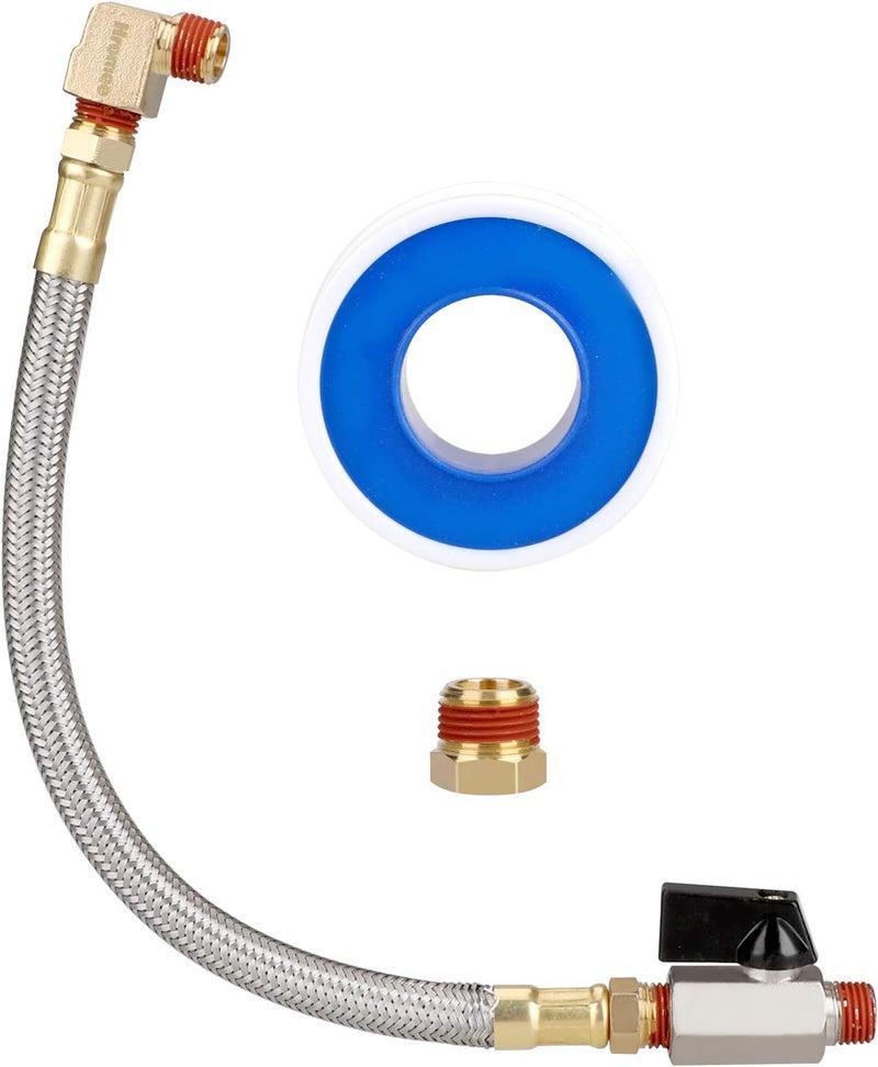 Hromee Extended Tank Drain Assembly Kit with 10 Inch Braided Steel Hose 1/4 Inch Drain Valve and Elbow Fitting for Air Compressor - Image 1