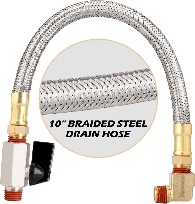Hromee Extended Tank Drain Assembly Kit with 10 Inch Braided Steel Hose 1/4 Inch Drain Valve and Elbow Fitting for Air Compressor - Image 2
