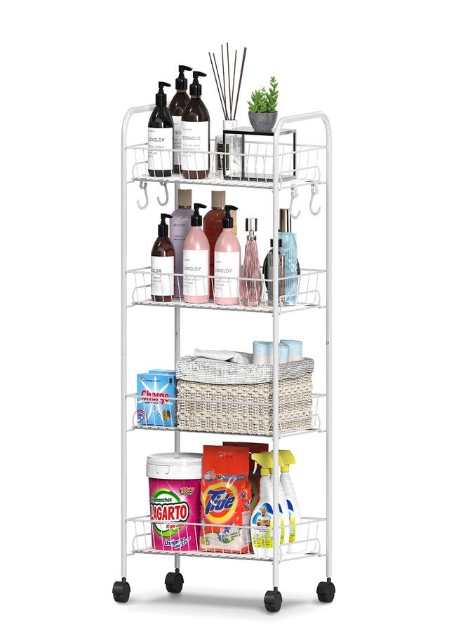 Mythinglogic 4 Tier Rolling Cart with 360° Wheels, Snack Cart, Removable Wire Baskets, Metal Utility Storage Rack for Kitchen, Bathroom, Laundry Room, Office (White) - Image 1