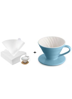 رانك  قمع تقطير V60 سيراميك 01 سماوي مع فلاتر قهوة v60 عدد 100 فلتر مقاس 01 حجم كبير ابيض  - Image 1