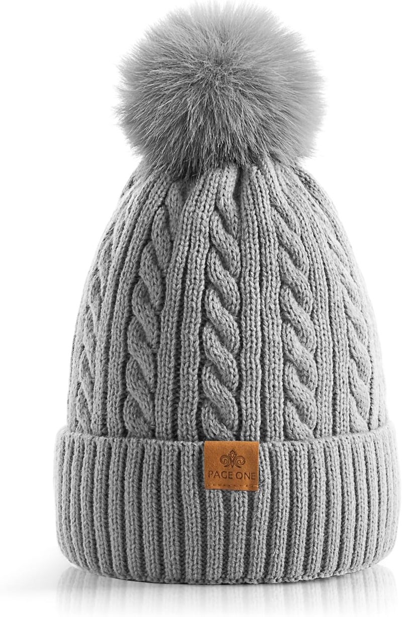 PAGE ONE Women Winter Pom Pom Beanie Hats Warm Fleece Lined,Chunky Trendy Cute Chenille Knit Twist Cap - Image 1