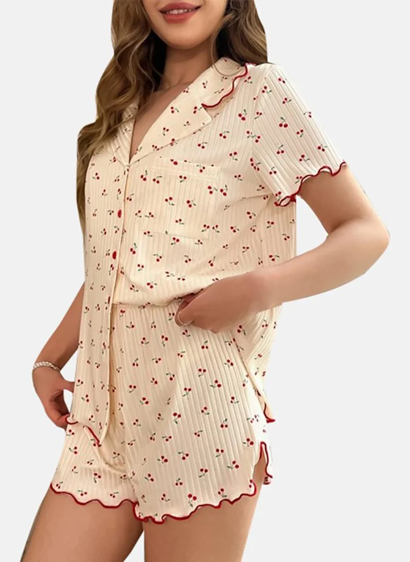 يونيكي Cream Printed Shorts & Shirt