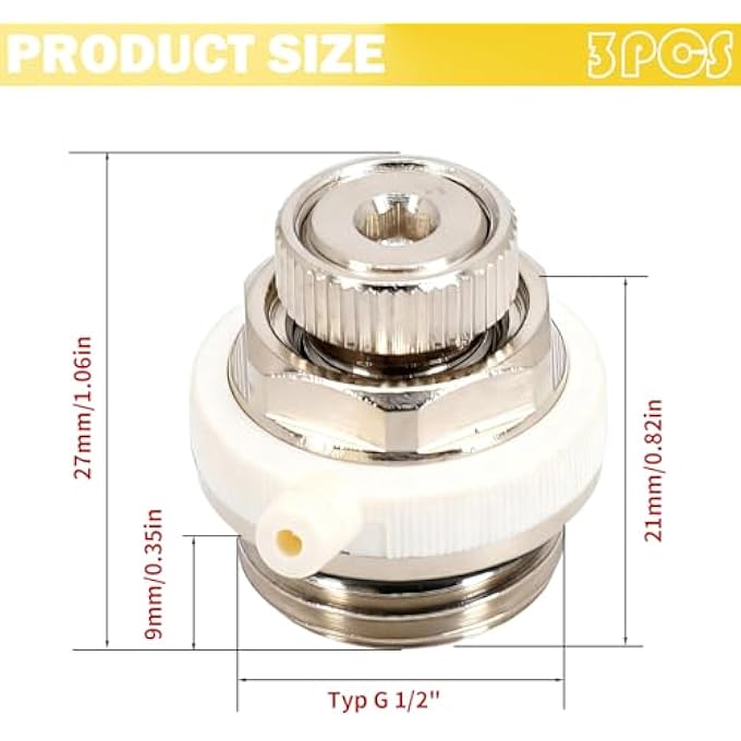 PACK OF 3 AUTOMATIC RADIATOR BLEEDS, 1/2 INCH RADIATOR BLEED VALVE, RADIATOR BLEED VALVE, FOR BRASS SELF-VENTING RADIATOR VALVE, RADIATOR FAN - Image 2