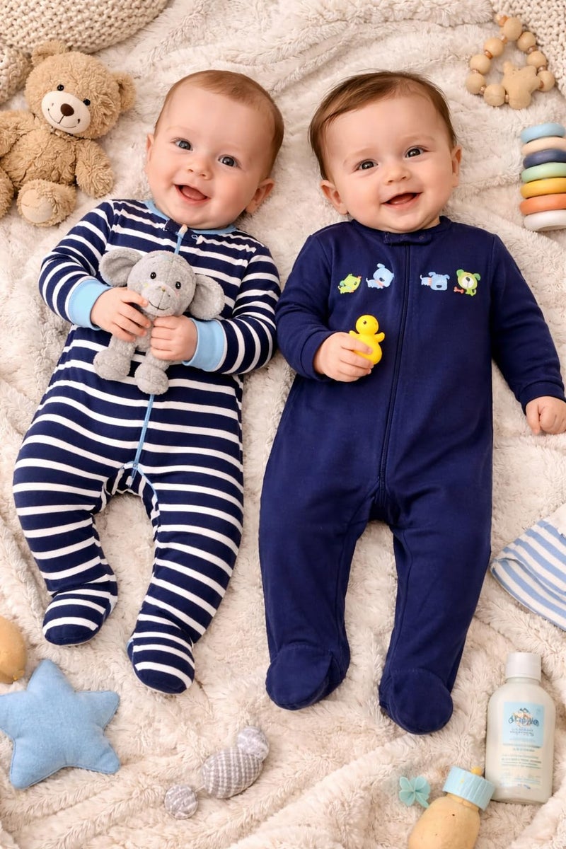 TuddyBuddy 100% Cotton Multi Color Romper Sleepsuit/Romper/Jumpsuit for Baby Boy & Baby Girl (3 Months-6 Months, Navy Blue Stripes & Solid Navy Blue) - Image 3