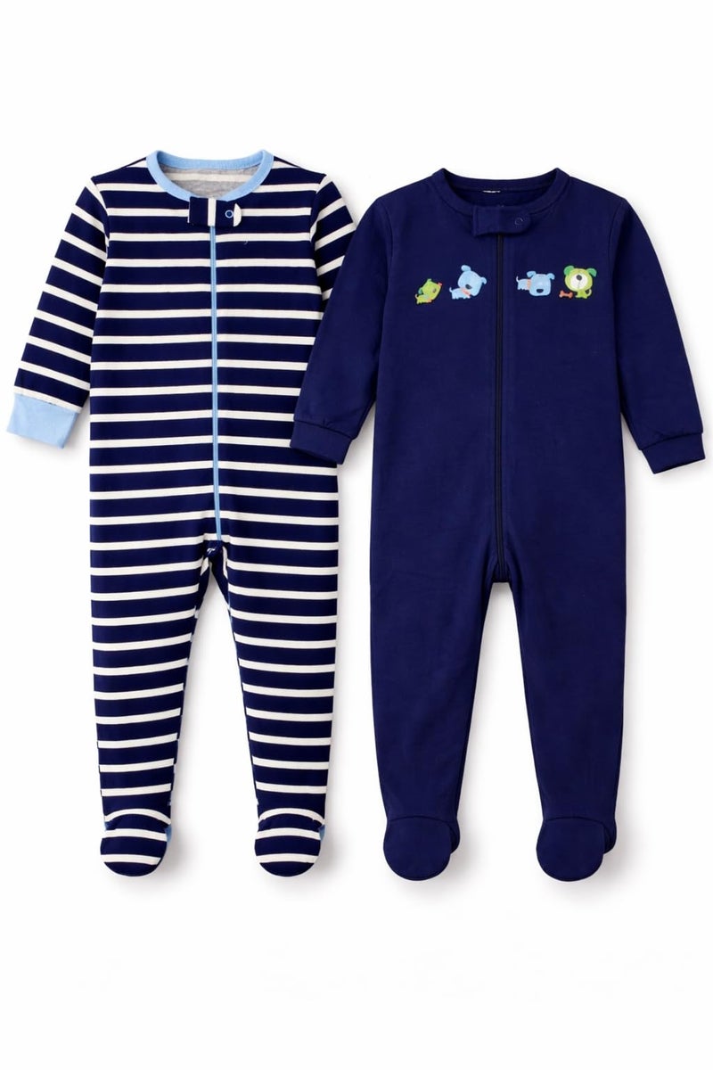 TuddyBuddy 100% Cotton Multi Color Romper Sleepsuit/Romper/Jumpsuit for Baby Boy & Baby Girl (3 Months-6 Months, Navy Blue Stripes & Solid Navy Blue) - Image 1