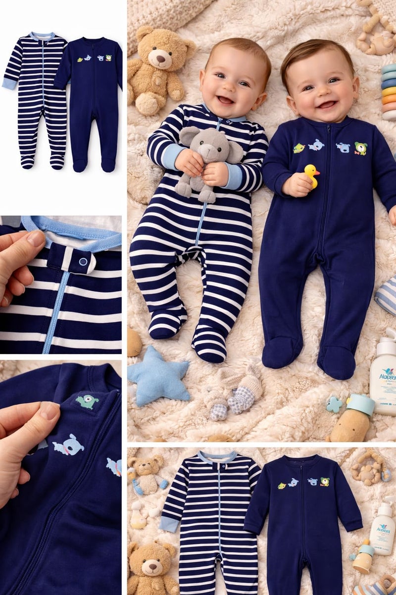TuddyBuddy 100% Cotton Multi Color Romper Sleepsuit/Romper/Jumpsuit for Baby Boy & Baby Girl (3 Months-6 Months, Navy Blue Stripes & Solid Navy Blue) - Image 4