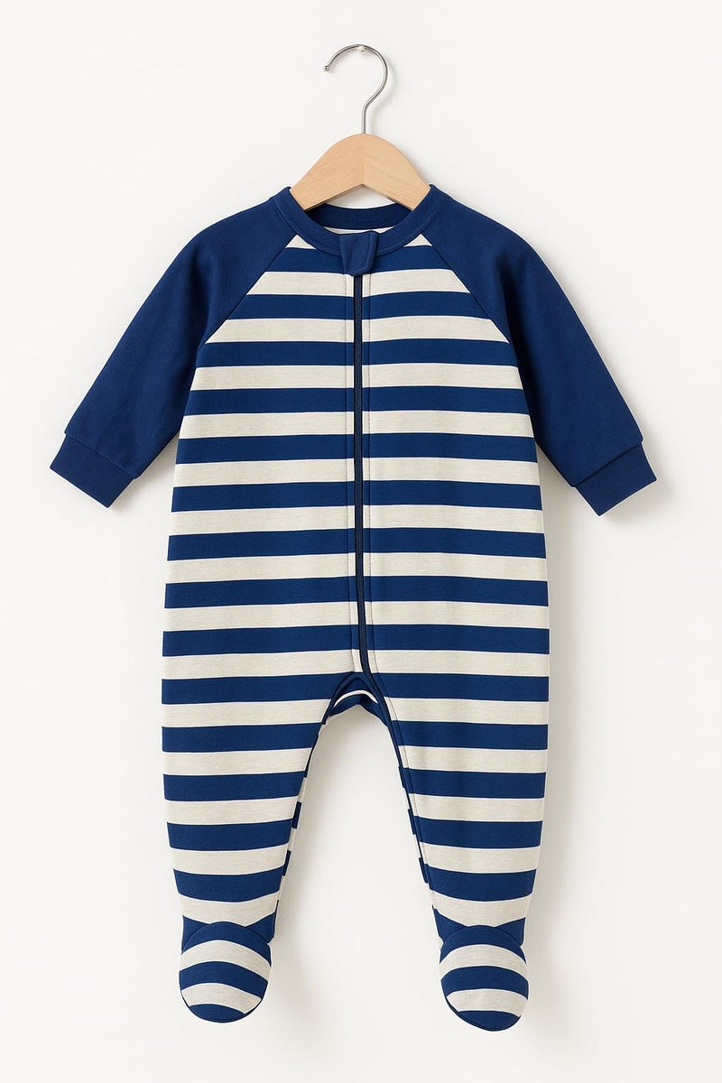 TuddyBuddy 100% Cotton Multi Color Romper Sleepsuit/Romper/Jumpsuit for Baby Boy & Baby Girl (3 Months-6 Months, Navy Blue Stripes & Solid Navy Blue) - Image 5