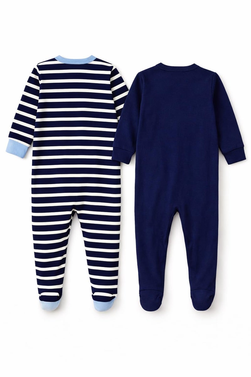 TuddyBuddy 100% Cotton Multi Color Romper Sleepsuit/Romper/Jumpsuit for Baby Boy & Baby Girl (3 Months-6 Months, Navy Blue Stripes & Solid Navy Blue) - Image 2
