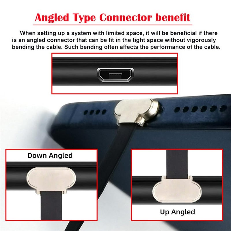 كابل بيانات وشحن مسطح فائق النحافة من xiwai بزاوية 90 درجة Micro USB2.0 ذكر إلى Micro USB ذكر 5 دبابيس، بطول 16 سم، موصل بزاوية من الأسفل إلى الأعلى - Image 3