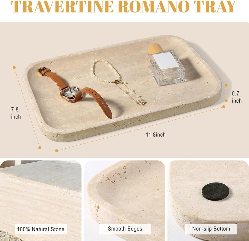 Koville Romano Travertine Tray, 12"x8" Natural Stone Vanity Tray for Countertop Bathroom Kitchen Dresser, Decorative Marble Catchall Trays for Perfume Jewelry, Rectangular Serving Tray(Beige) - Image 2