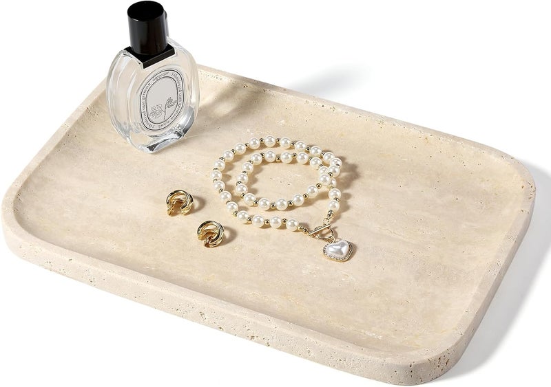 Koville Romano Travertine Tray, 12"x8" Natural Stone Vanity Tray for Countertop Bathroom Kitchen Dresser, Decorative Marble Catchall Trays for Perfume Jewelry, Rectangular Serving Tray(Beige) - Image 1