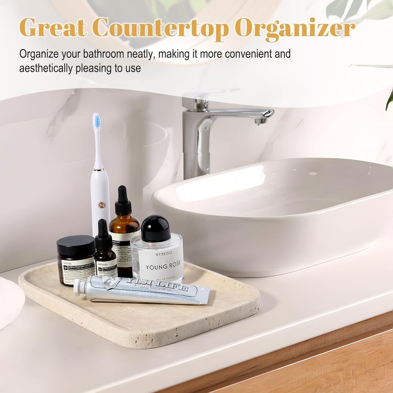 Koville Romano Travertine Tray, 12"x8" Natural Stone Vanity Tray for Countertop Bathroom Kitchen Dresser, Decorative Marble Catchall Trays for Perfume Jewelry, Rectangular Serving Tray(Beige) - Image 5