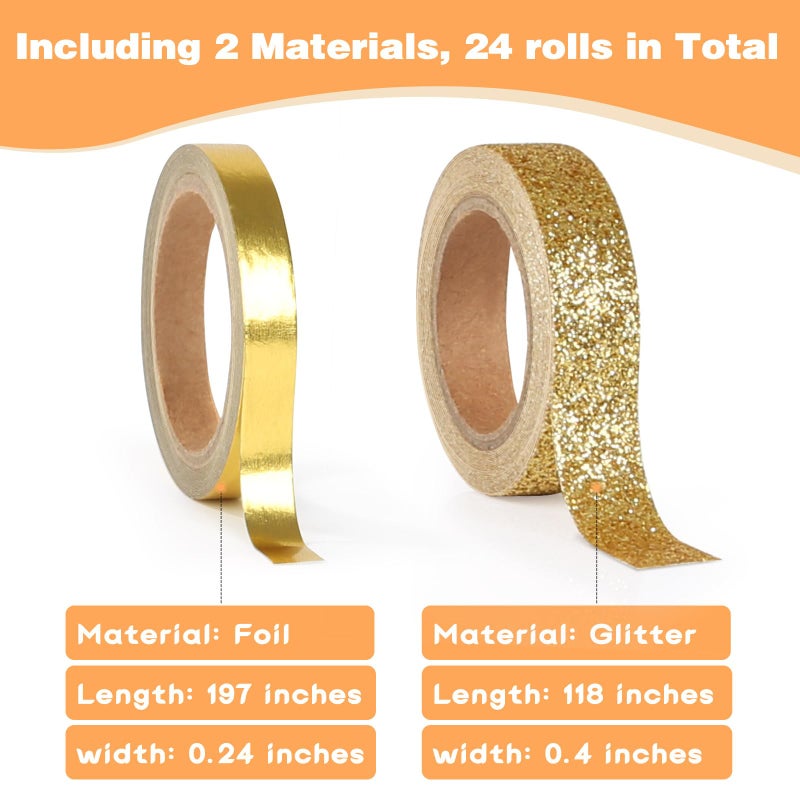 AEBORN Metallic Glitter Washi Tape - 24 Rolls Thin Colored Masking Tape Set, 6mm/10mm Decorative Tapes for Bullet Journal, Scrapbook, Christmas DIY Crafts, Gift Packaging - Image 2