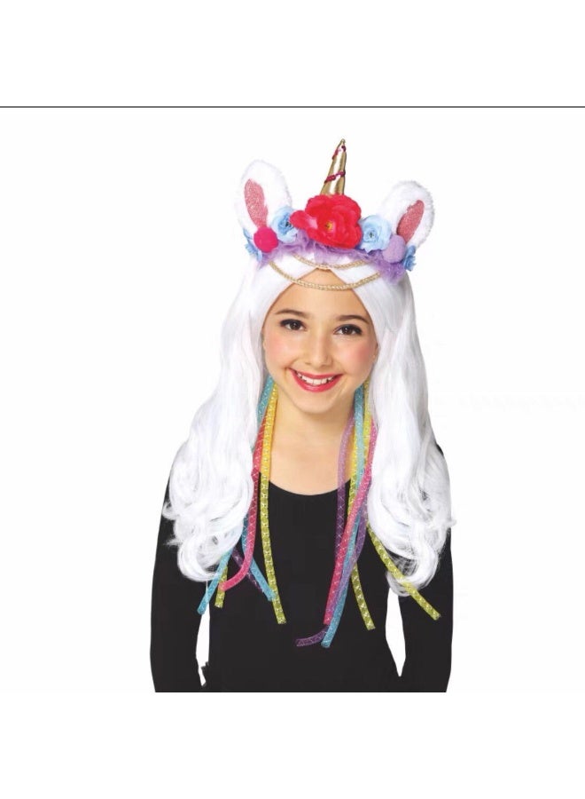 Generic Christmas Halloween Womens Dance Cosplay Princess Cute Unicorn Colorful Rainbow Tail Childrens Wig Pre-Lace Hair Cover Personality unicorn