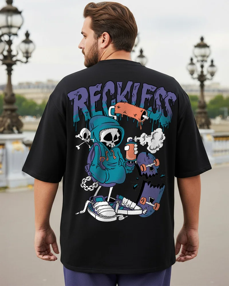 bewakoof Men's Black Reckless Graphic Printed Oversized Plus Size T-shirt