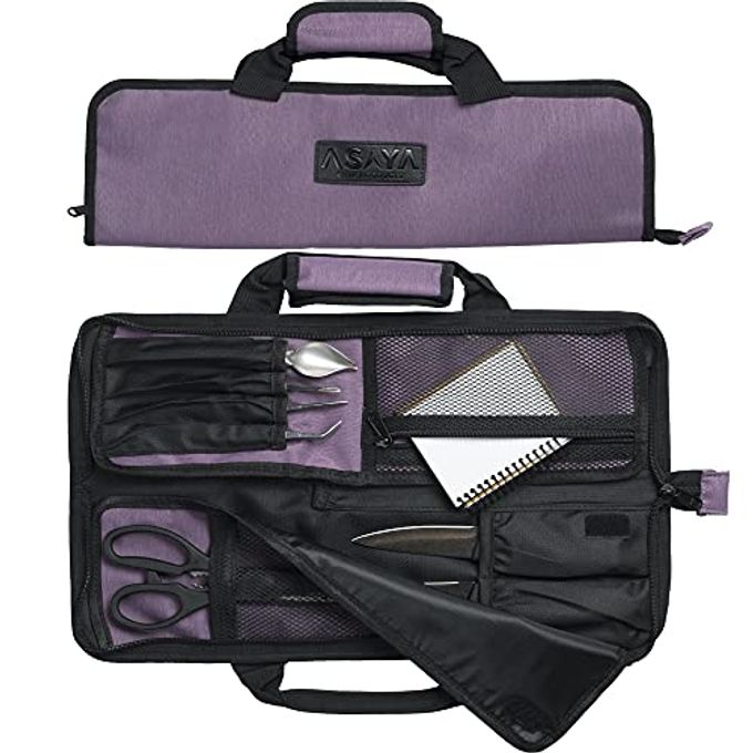 Asaya Chef Knife Roll Bag - 12 Pockets for Knives and Kitchen Utensils - Lightweight, Durable, and Stain Resistant Nylon - Perfect for the Traveling Chef - Knives not Included (Purple)
