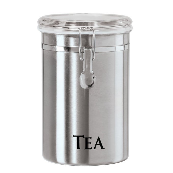 STAINLESS STEEL TEA CANISTER 62 FL OZ AIRTIGHT CLAMP LID CLEAR SEETHRU TOP IDEAL FOR TEA BAG LOOSE TEA KITCHEN STORAGE PANTRY STORAGE LARGE SIZE 5 X 75
