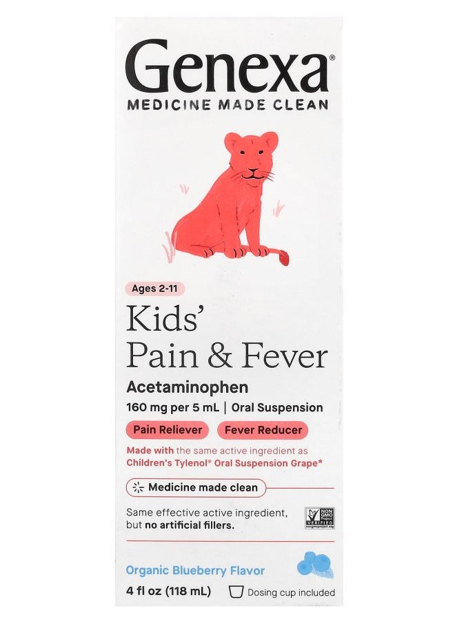 Genexa Kids' Pain & Fever Ages 2-11 Organic Blueberry 4 fl oz (118 ml) 