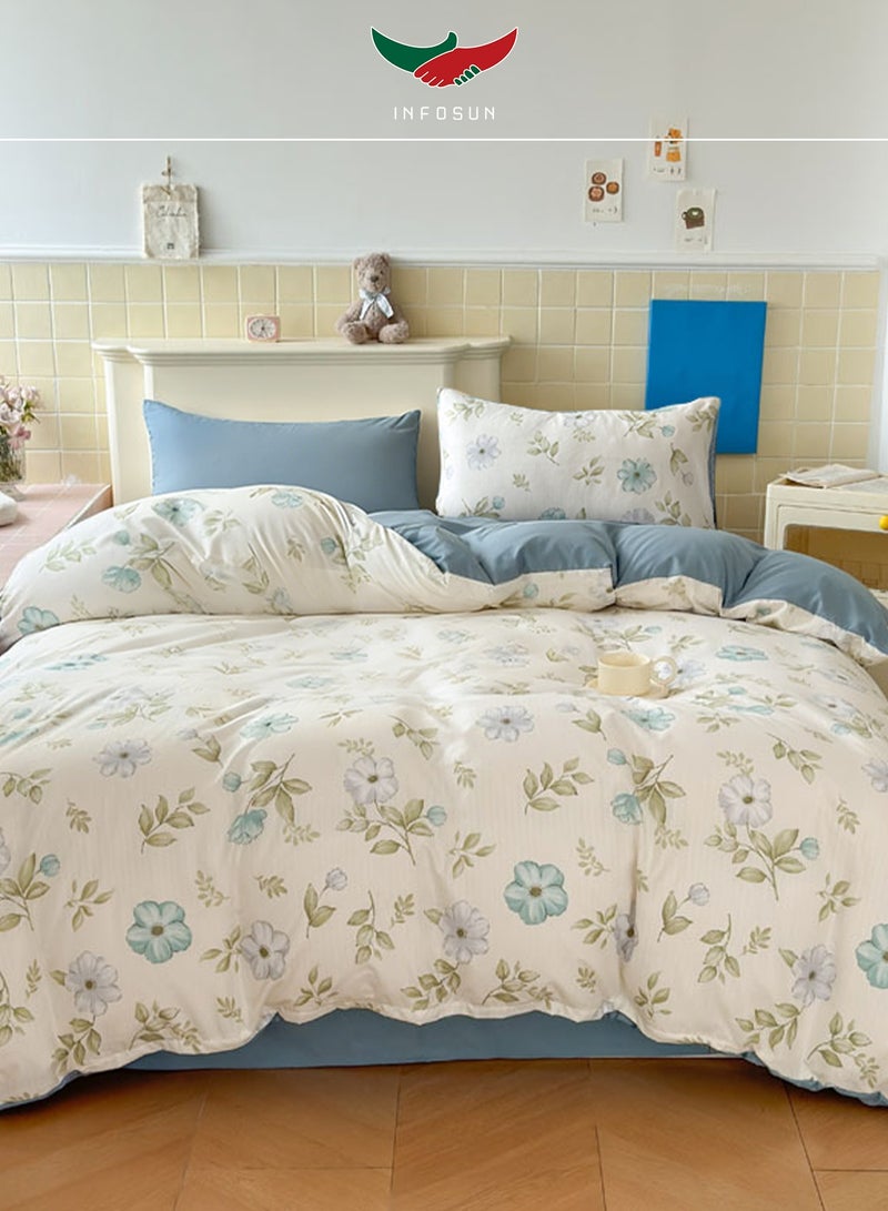 INFOSUN 4-Piece Luxury Bedding Set - Queen Size Duvet Cover 200x230cm + Fitted Sheet 230x230cm + 2 Pillowcases 48 x 74cm- Wrinkle-Resistant & Ultra-Soft Microfiber Polyester - Blue - Image 1