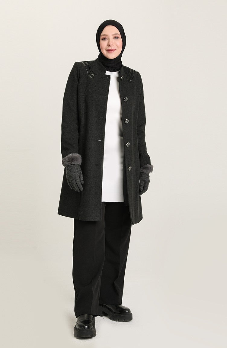 Sefa Merve Plus Size Cashmere Coat 0416-04 Smoke - Image 1